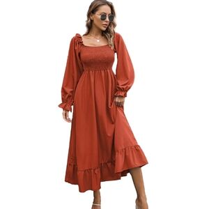 Fall Dress Square Neck Brown Terracotta Sheered Cold Weather Dresses Outfit